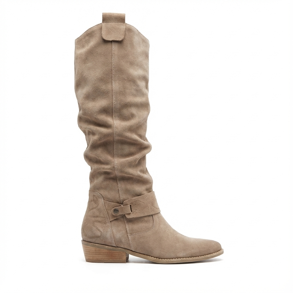 Santiag haute beige Simili Cuir Femme - Sangles, zip