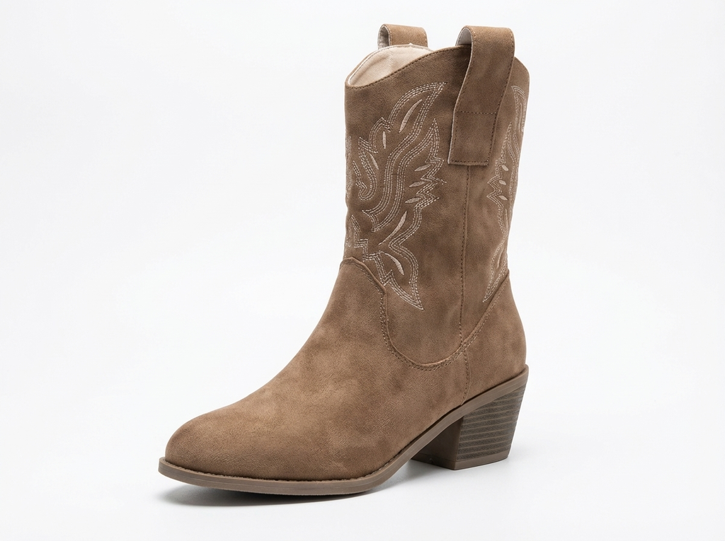 Santiag mi-haute marron clair Daim Synthétique Femme - Broderies florales