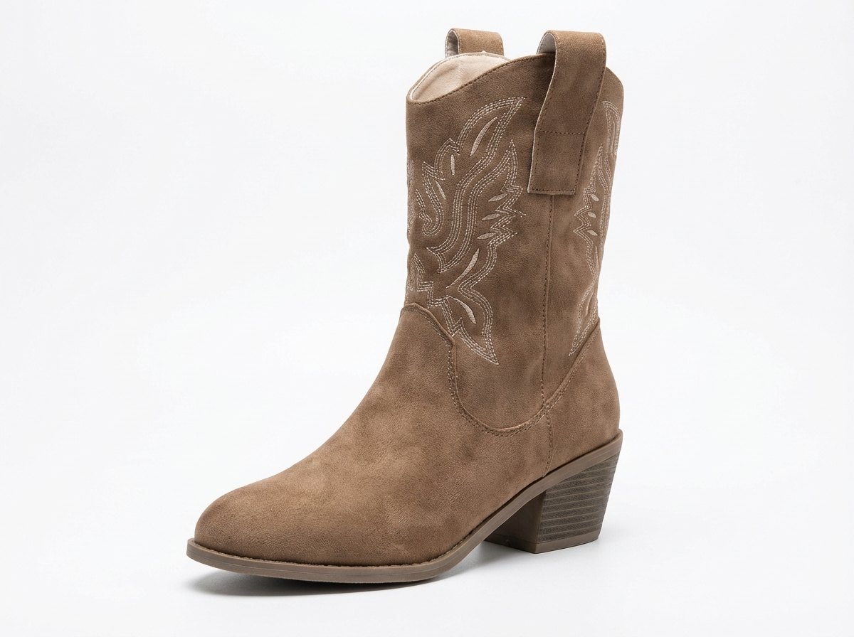 Santiag mi-haute marron clair Daim Synthétique Femme - Broderies florales