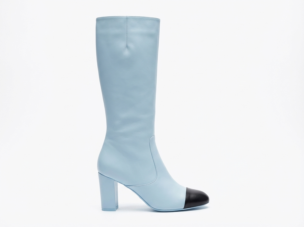 Botte haute bleu Simili Cuir Femme - Bout noir contrastant