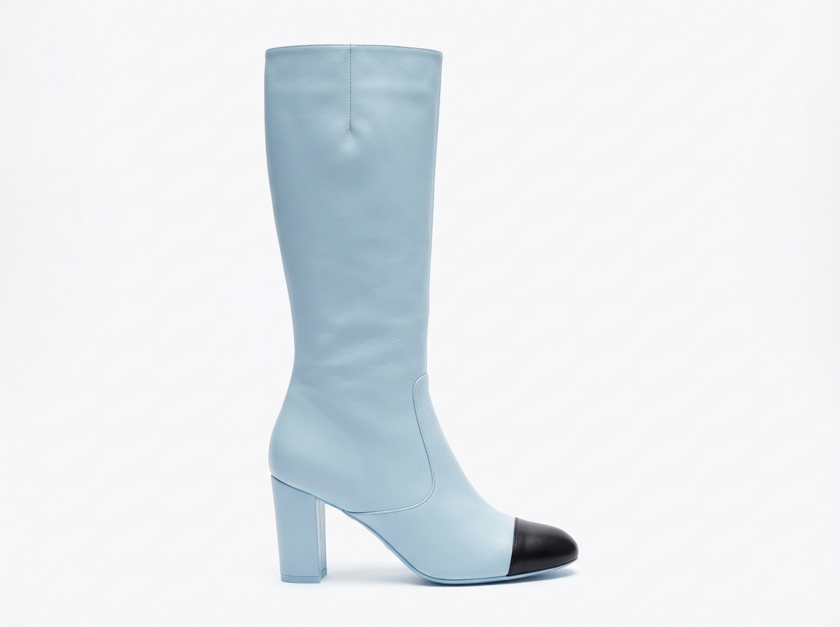 Botte haute bleu Simili Cuir Femme - Bout noir contrastant