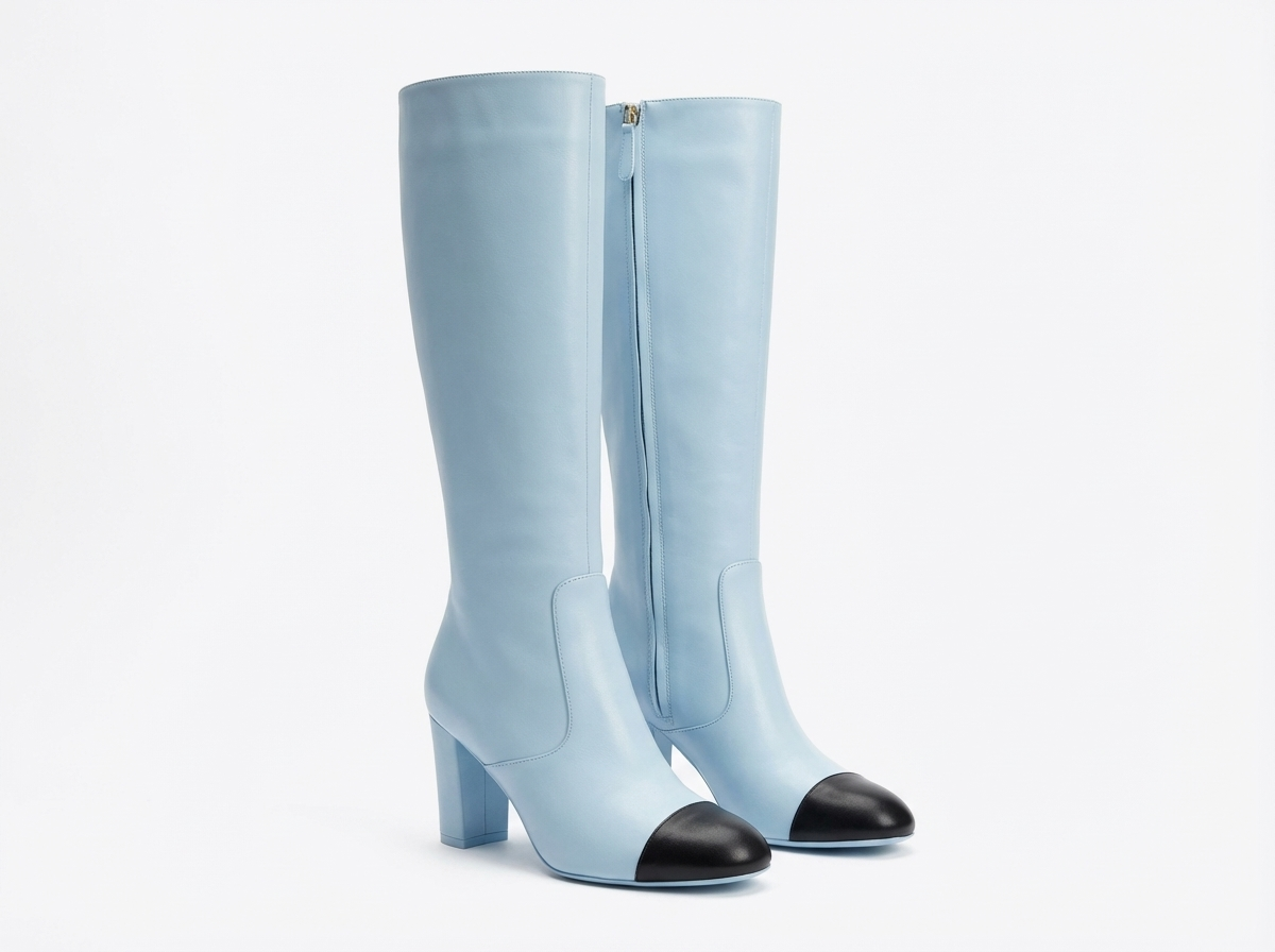Botte haute bleu Simili Cuir Femme - Bout noir contrastant