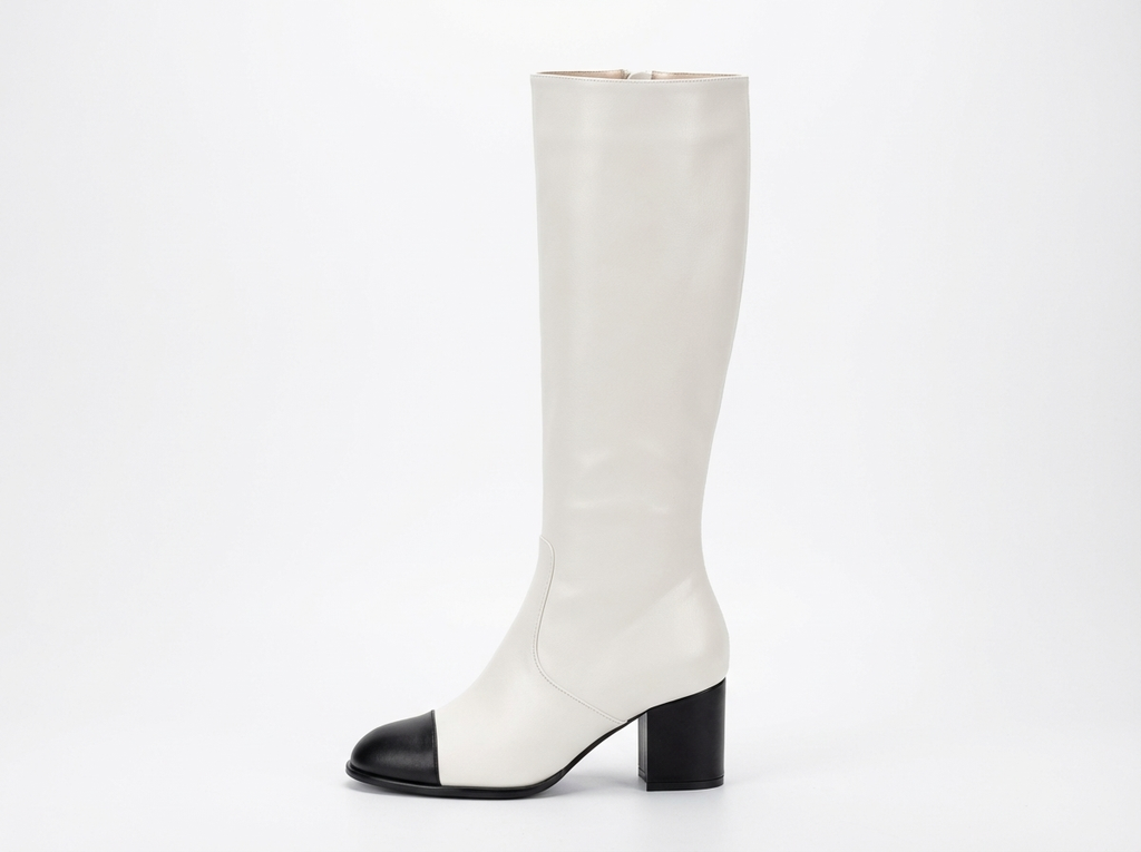 Botte haute blanc Simili Cuir Femme - Bicolore, bout noir