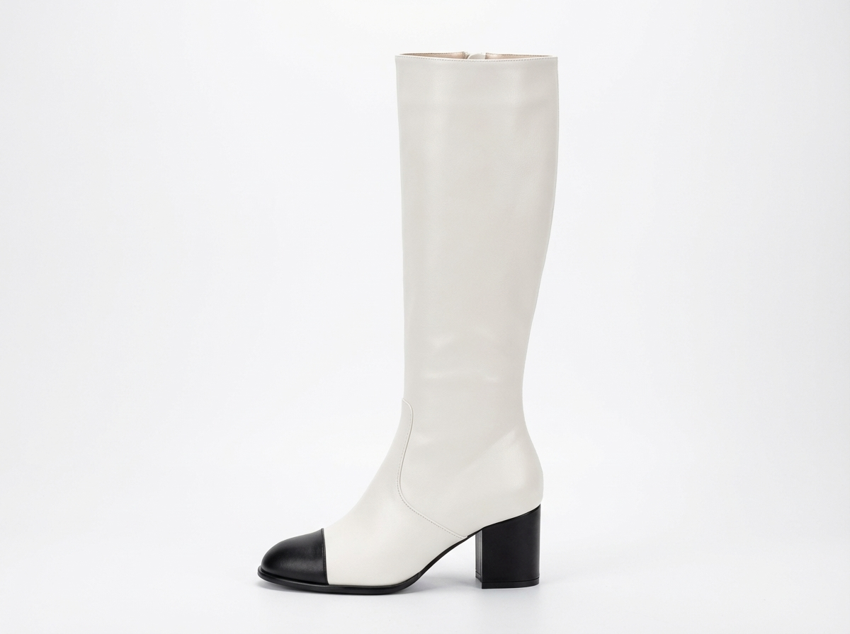 Botte haute blanc Simili Cuir Femme - Bicolore, bout noir