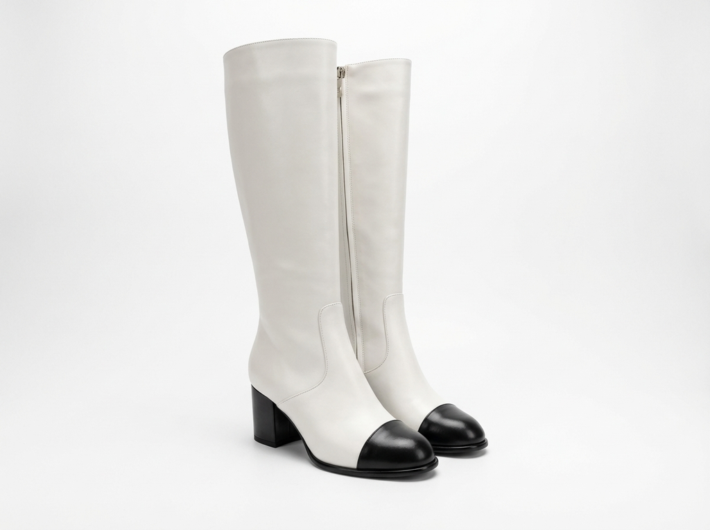 Botte haute blanc Simili Cuir Femme - Bicolore, bout noir