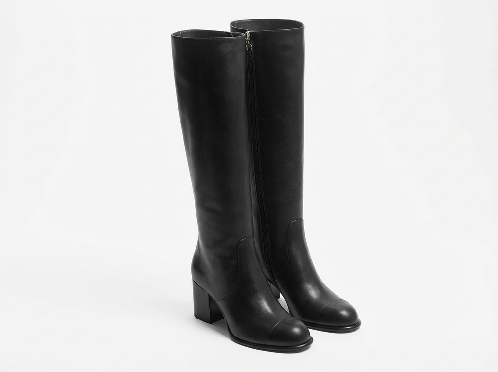 Botte haute noir Simili Cuir Femme - Bout rond, talon bloc