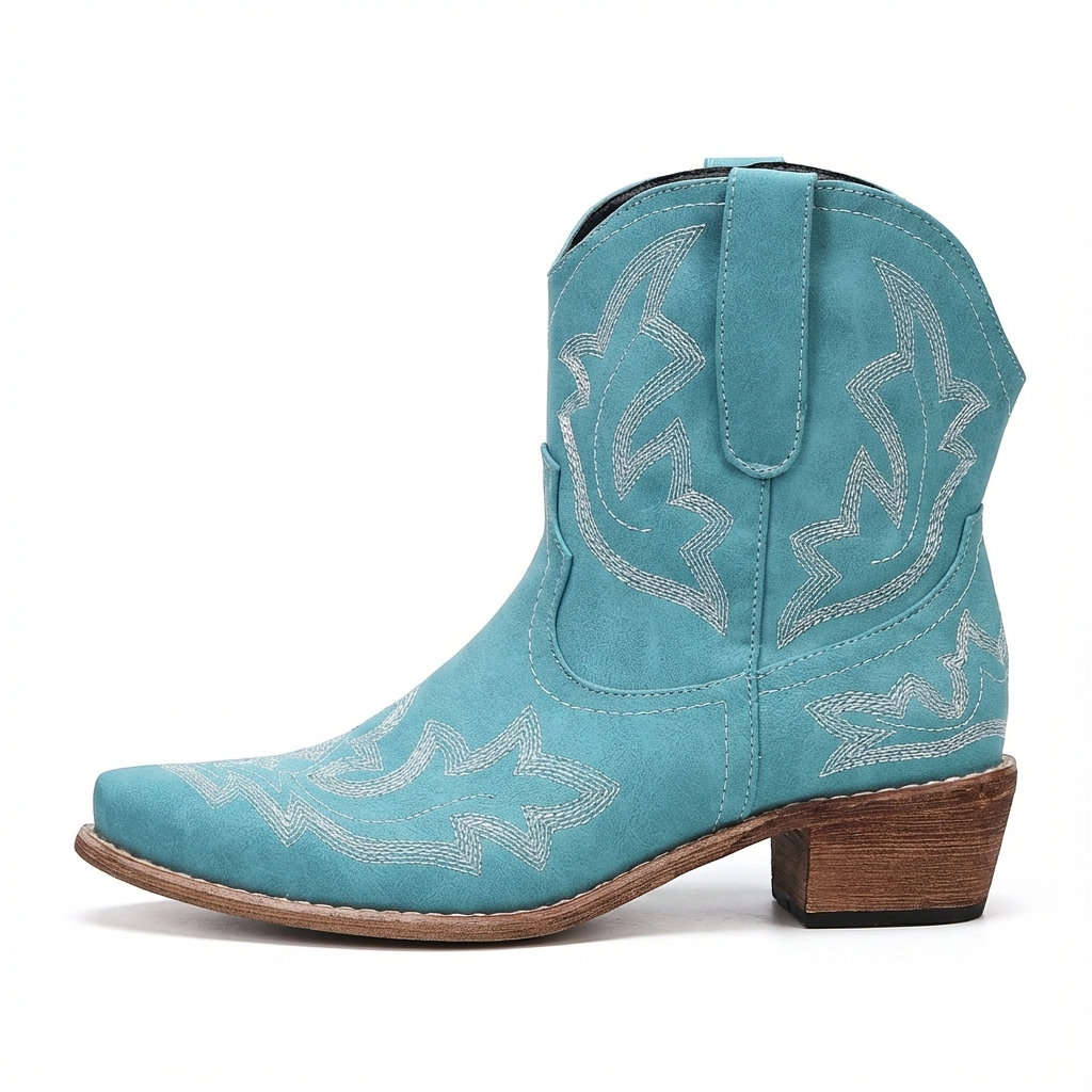 Santiag mi-haute bleu Simili Cuir Femme - Broderies florales