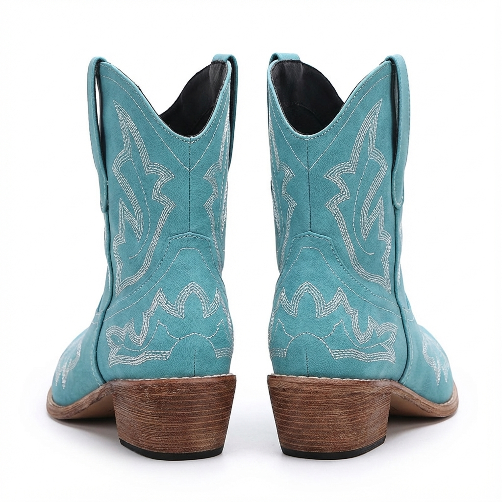 Santiag mi-haute bleu Simili Cuir Femme - Broderies florales