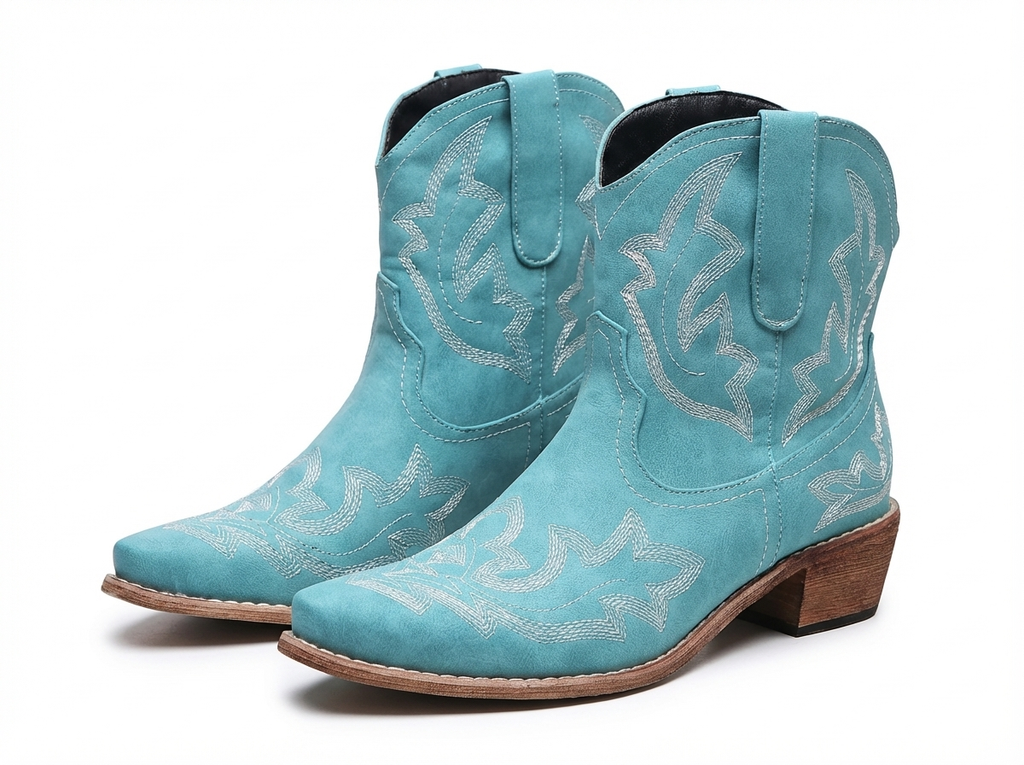 Santiag mi-haute bleu Simili Cuir Femme - Broderies florales