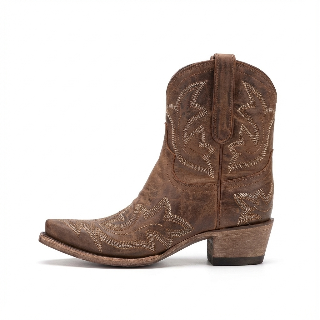Santiag mi-haute marron Simili Cuir Femme - Broderies, style campagnard