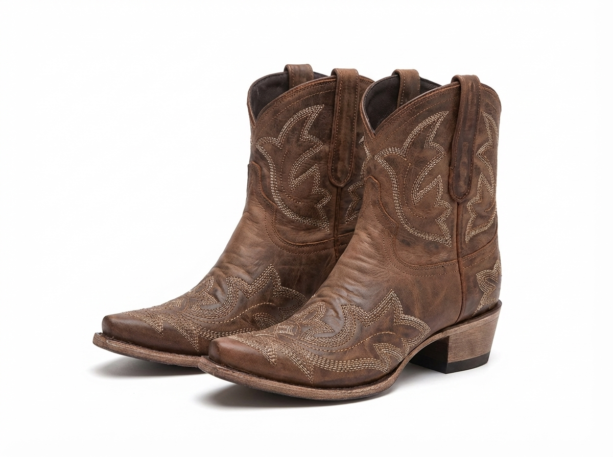 Santiag mi-haute marron Simili Cuir Femme - Broderies, style campagnard