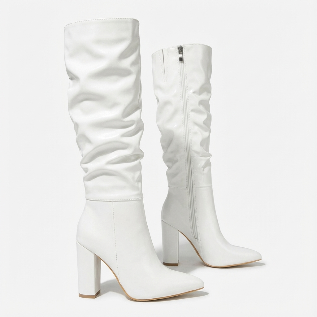 Botte haute blanc Simili Cuir Femme - Tige drapée, talon bloc