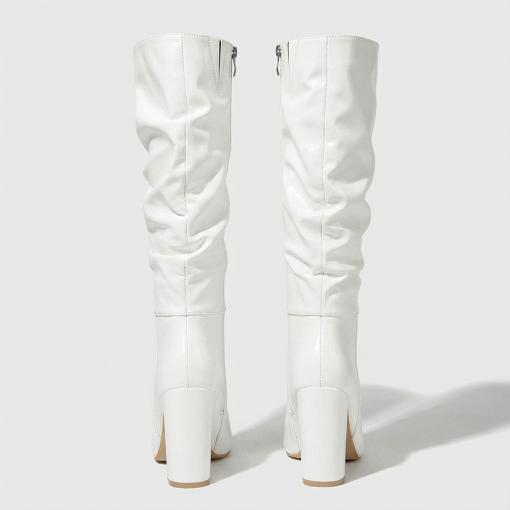 Botte haute blanc Simili Cuir Femme - Tige drapée, talon bloc