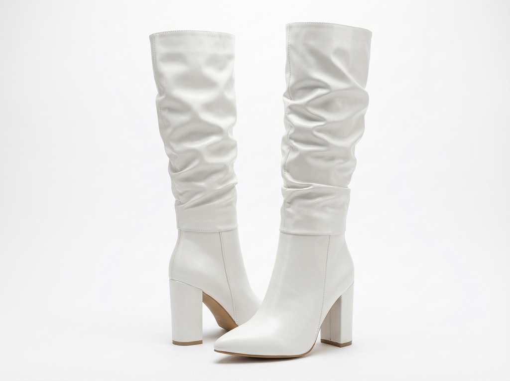 Botte haute blanc Simili Cuir Femme - Tige drapée, talon bloc