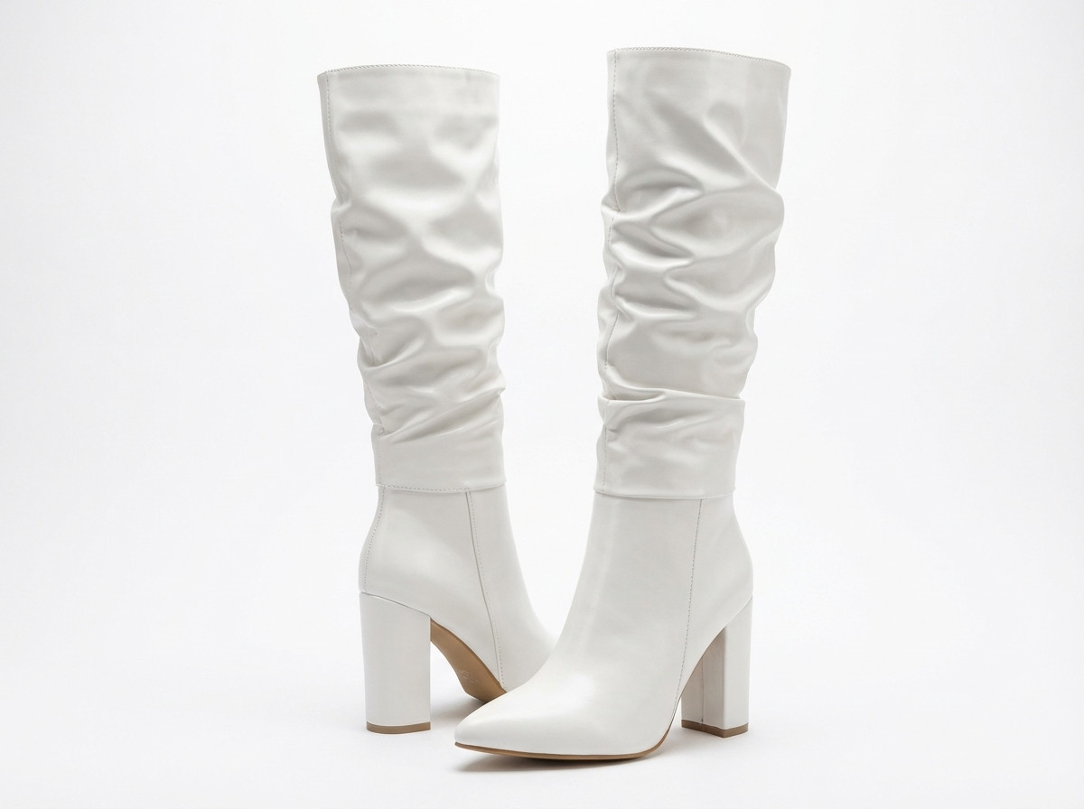 Botte haute blanc Simili Cuir Femme - Tige drapée, talon bloc