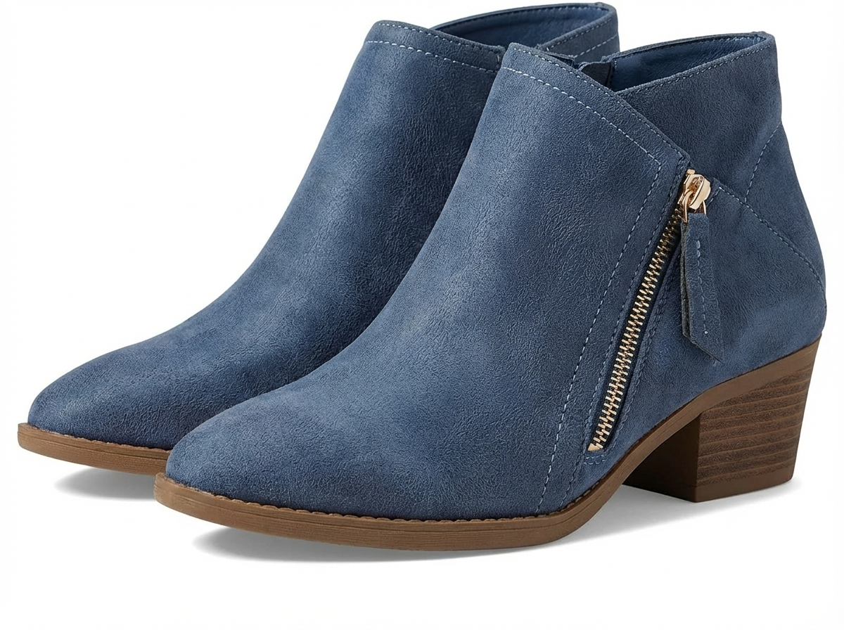 Santiag basse bleu Daim Femme - Bout pointu, zip doré
