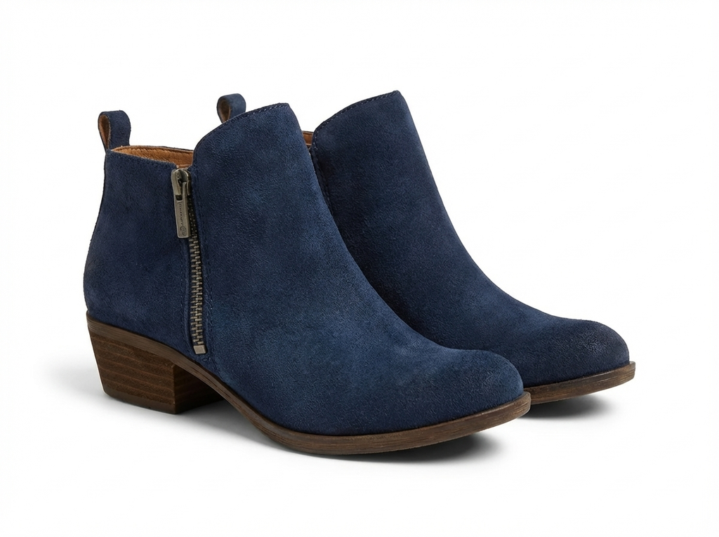 Santiag basse bleu Daim Femme - Talon bois