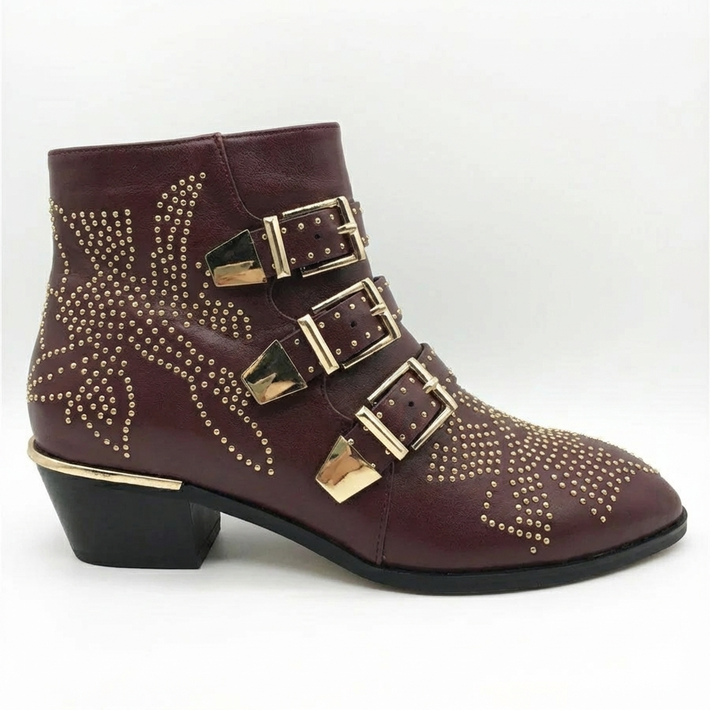 Santiag basse marron Cuir Femme - Boucles dorées, motifs géométriques