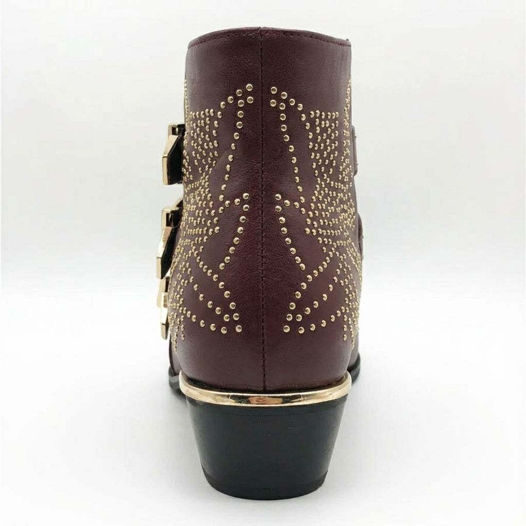 Santiag basse marron Cuir Femme - Boucles dorées, motifs géométriques