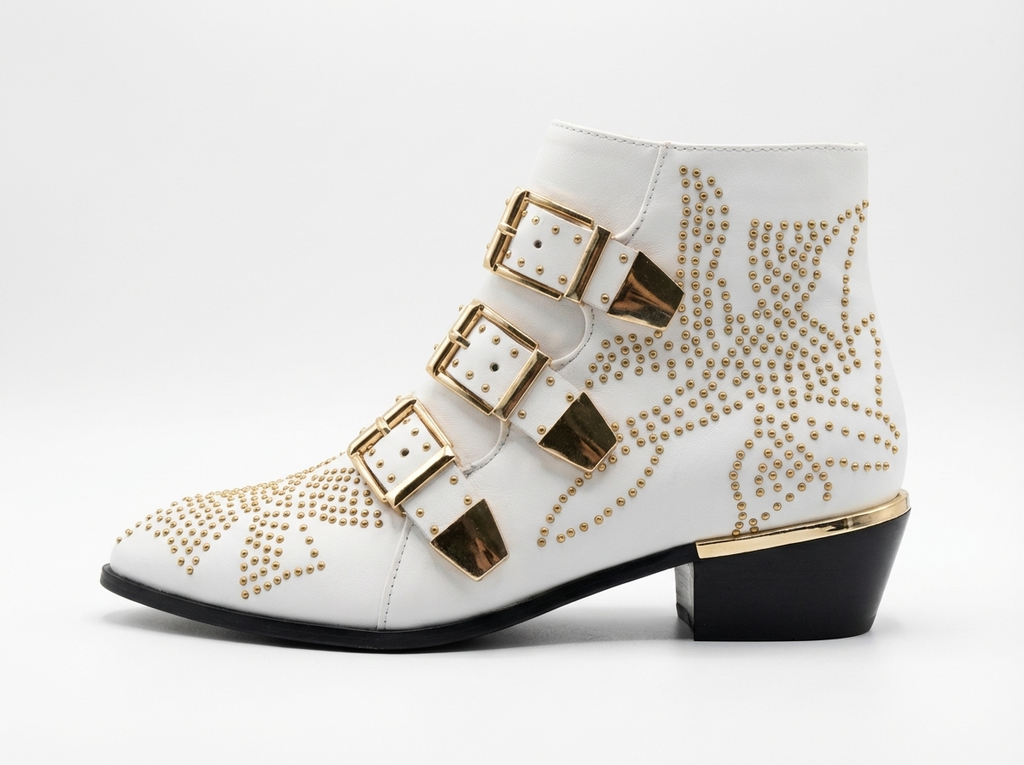 Santiag basse blanc Cuir Femme - Clous dorés, boucles