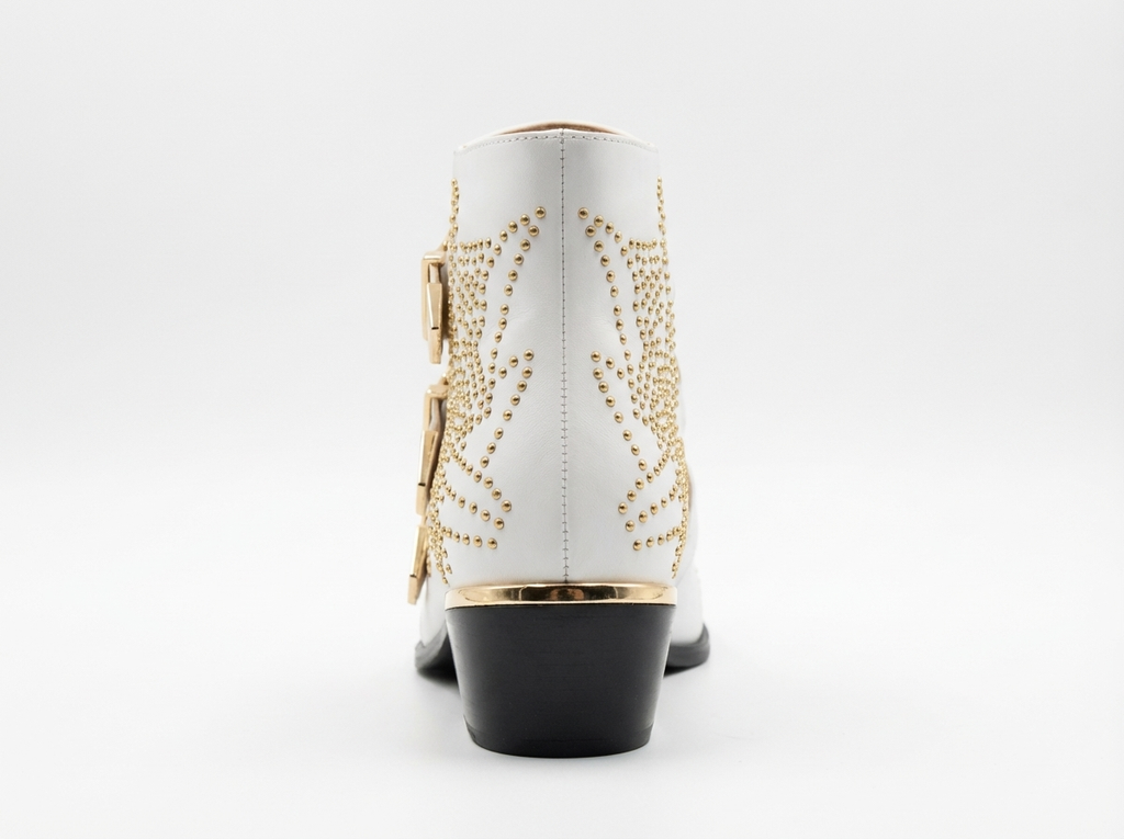 Santiag basse blanc Cuir Femme - Clous dorés, boucles