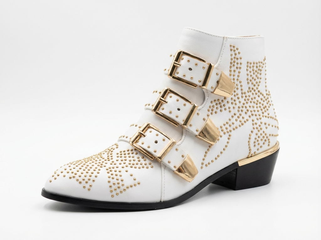 Santiag basse blanc Cuir Femme - Clous dorés, boucles