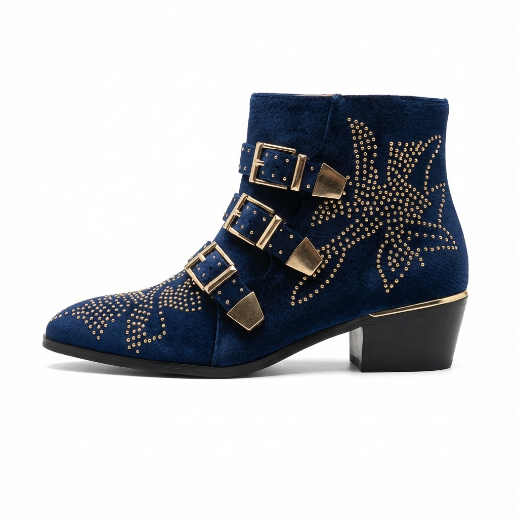 Santiag basse bleu Cuir Femme - Boucles dorées, clous géométriques