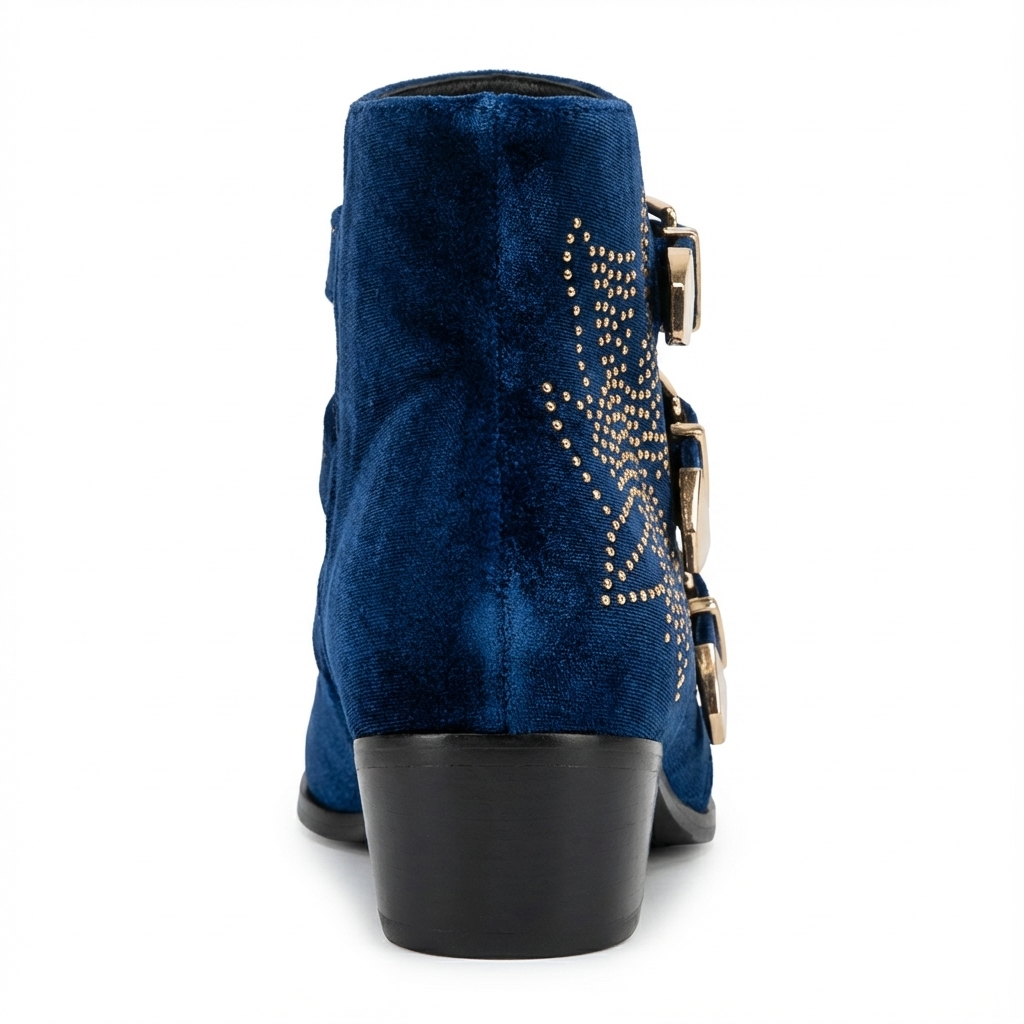 Santiag basse bleu Cuir Femme - Boucles dorées, clous géométriques