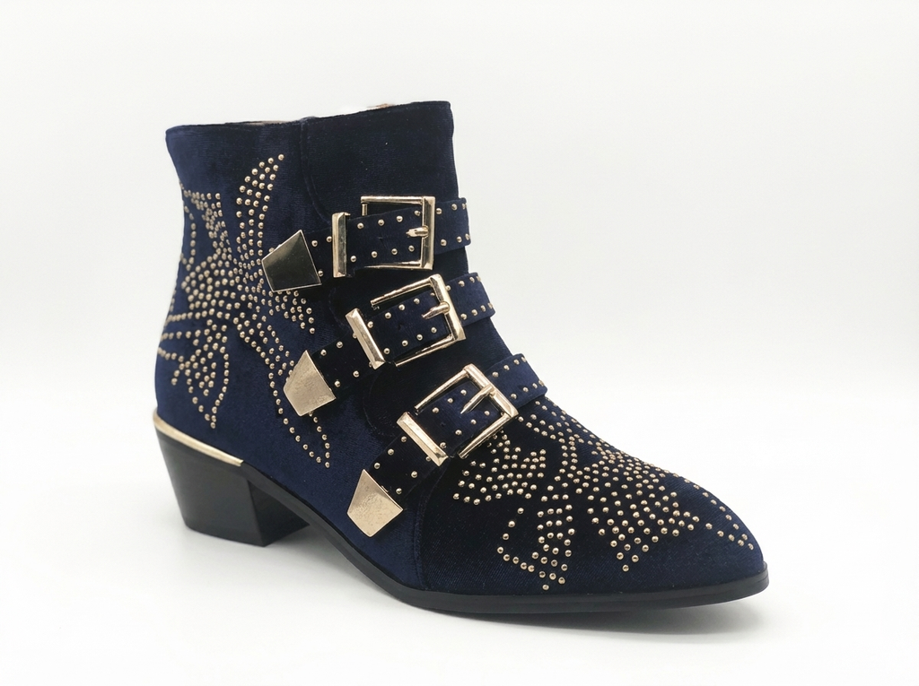 Santiag basse bleu Cuir Femme - Boucles dorées, clous géométriques