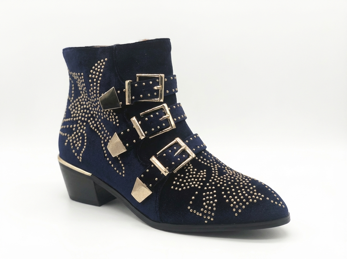 Santiag basse bleu Cuir Femme - Boucles dorées, clous géométriques
