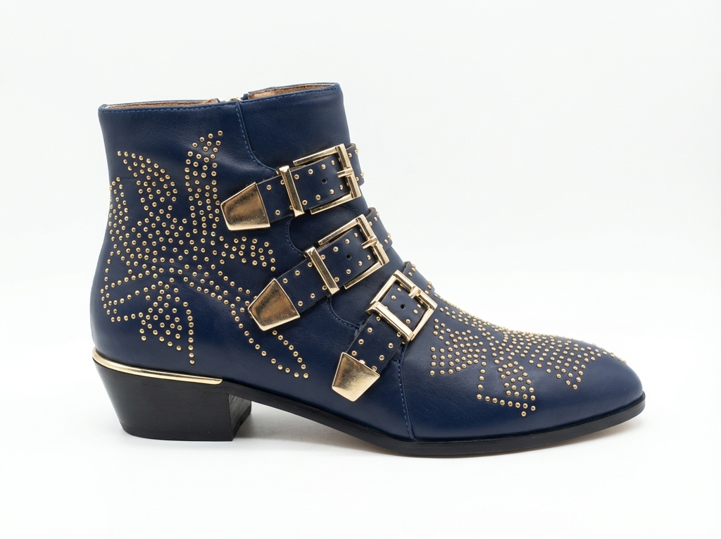 Santiag basse bleu Cuir Femme - Clous dorés, boucles avant
