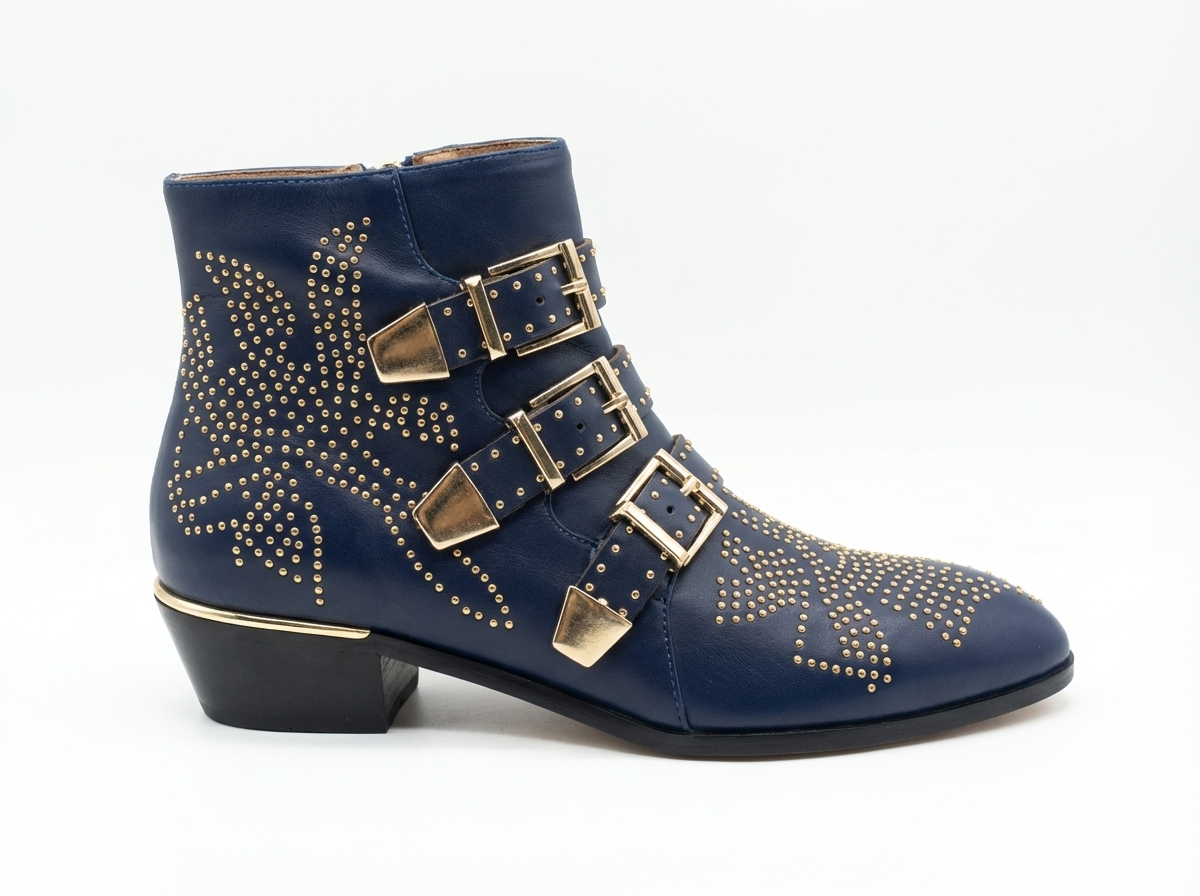 Santiag basse bleu Cuir Femme - Clous dorés, boucles avant