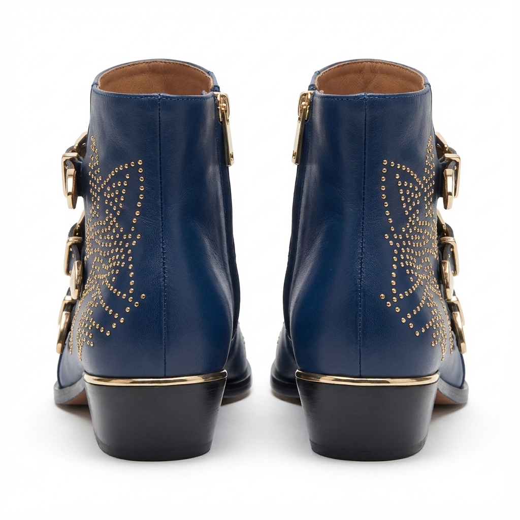 Santiag basse bleu Cuir Femme - Clous dorés, boucles avant
