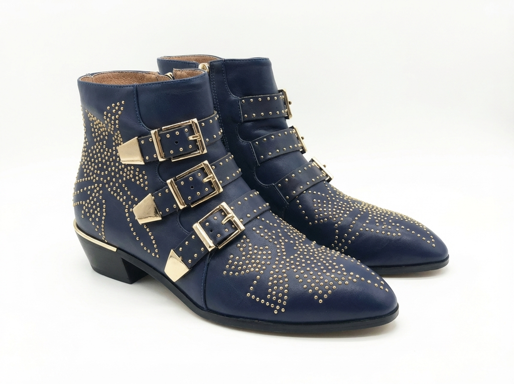 Santiag basse bleu Cuir Femme - Clous dorés, boucles avant