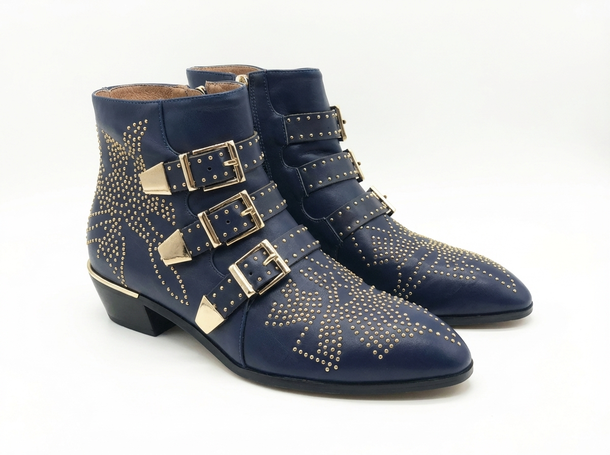 Santiag basse bleu Cuir Femme - Clous dorés, boucles avant