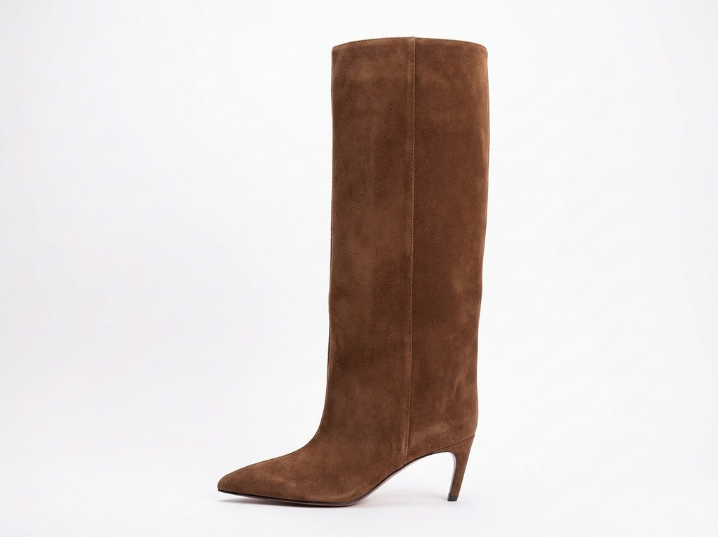Botte haute marron Daim Synthétique Femme - Talon conique, tige large