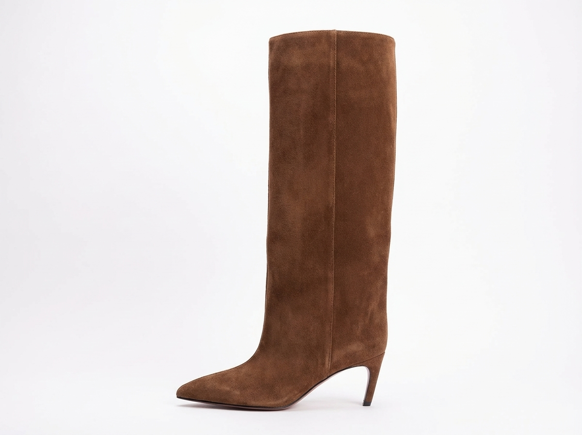 Botte haute marron Daim Synthétique Femme - Talon conique, tige large