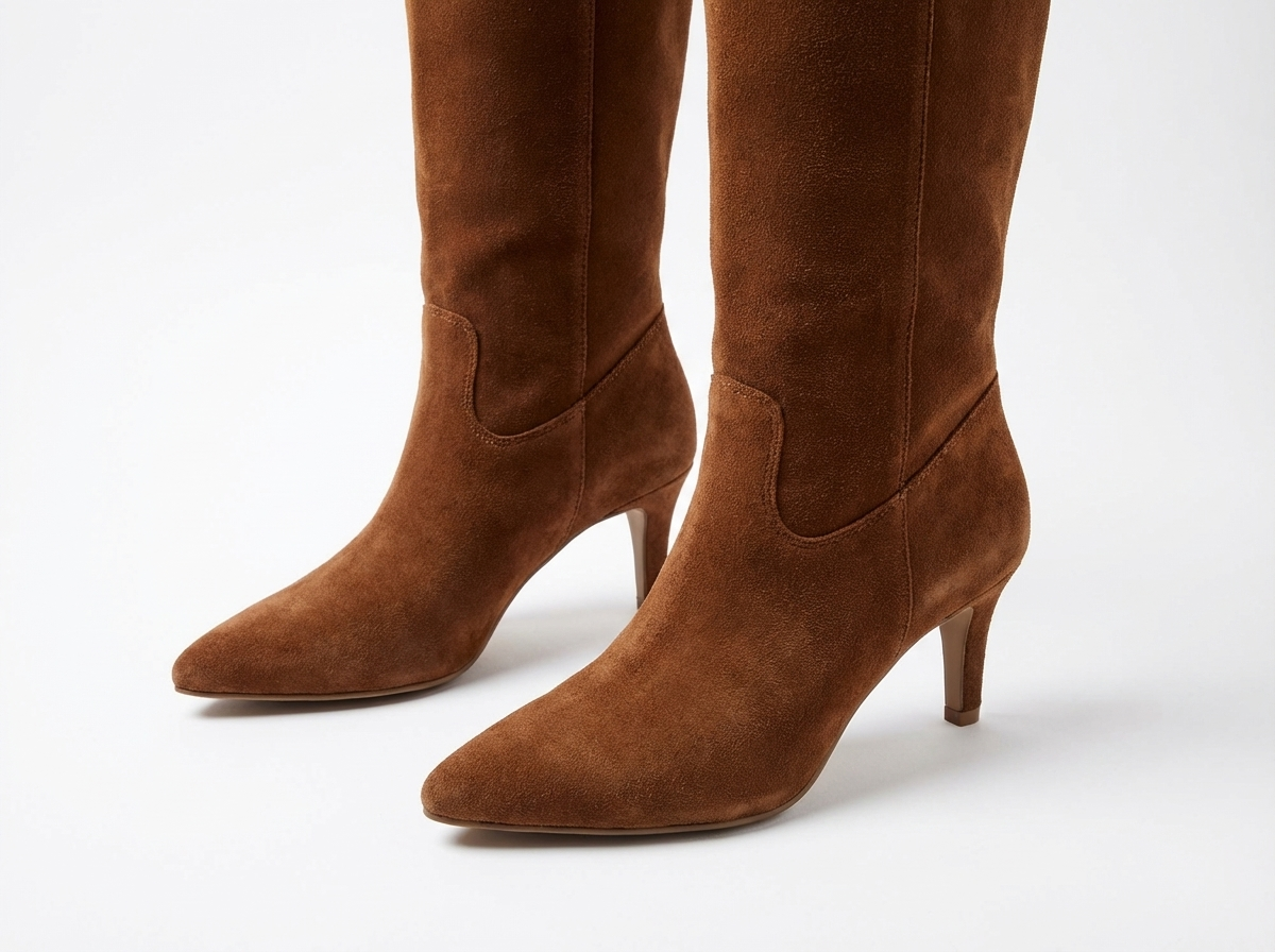 Botte haute marron Daim Synthétique Femme - Talon conique, tige large