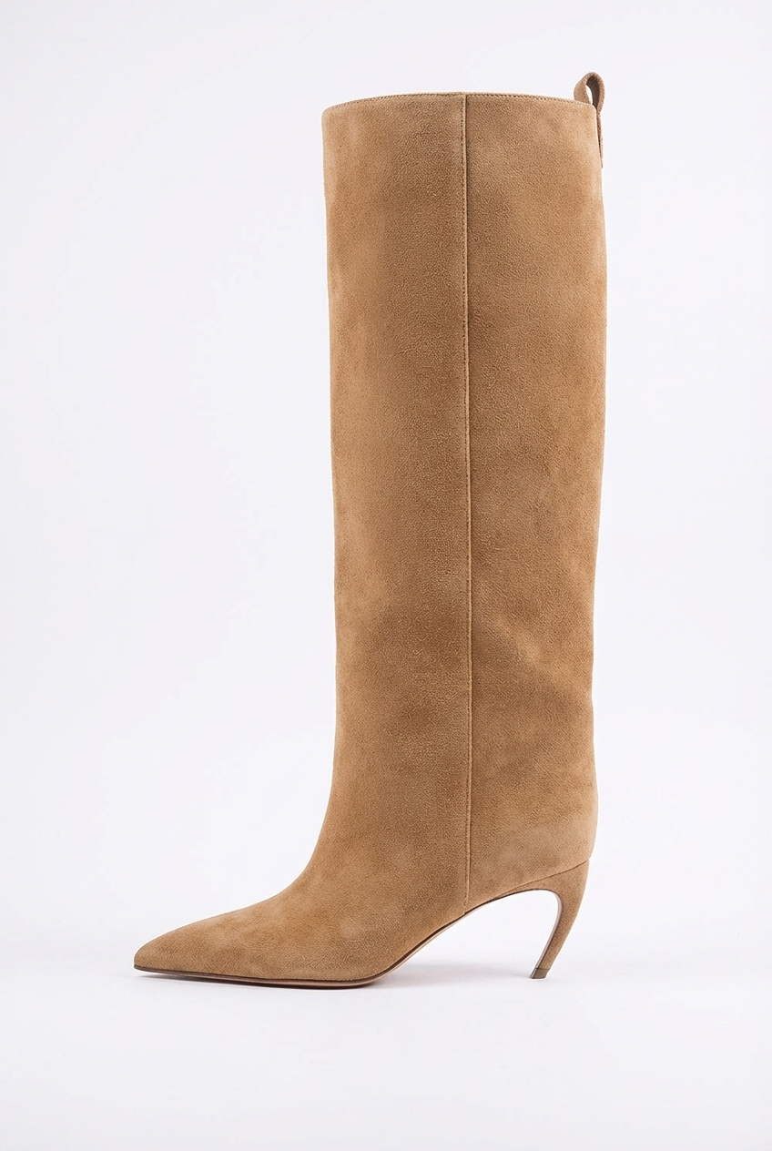 Botte haute camel Daim Synthétique Femme - Talon conique, bout pointu