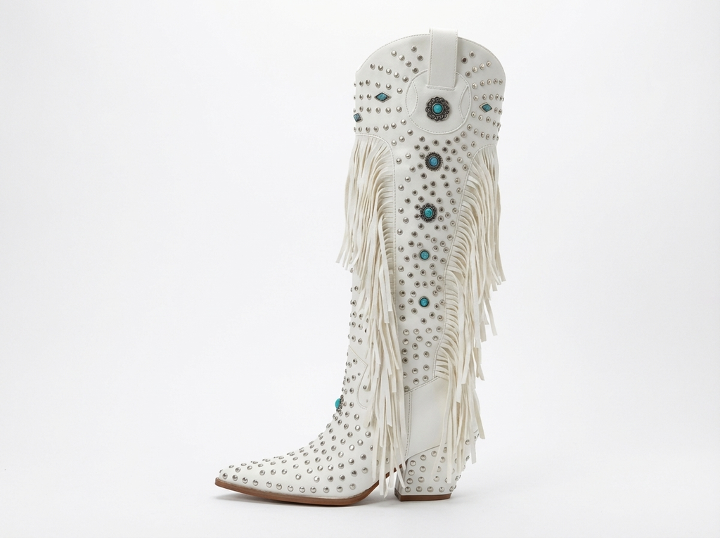Santiag haute blanc Simili Cuir Femme - Franges, motifs bleus