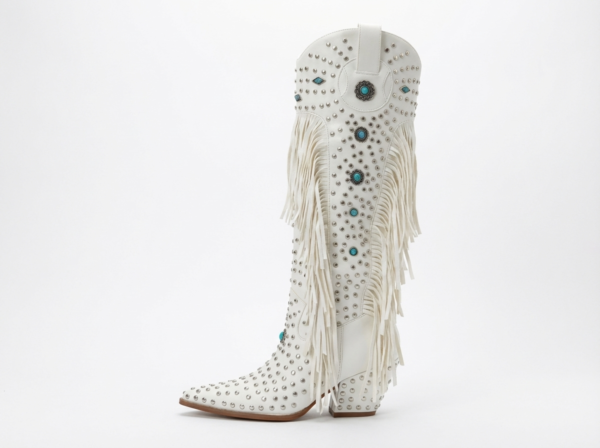 Santiag haute blanc Simili Cuir Femme - Franges, motifs bleus