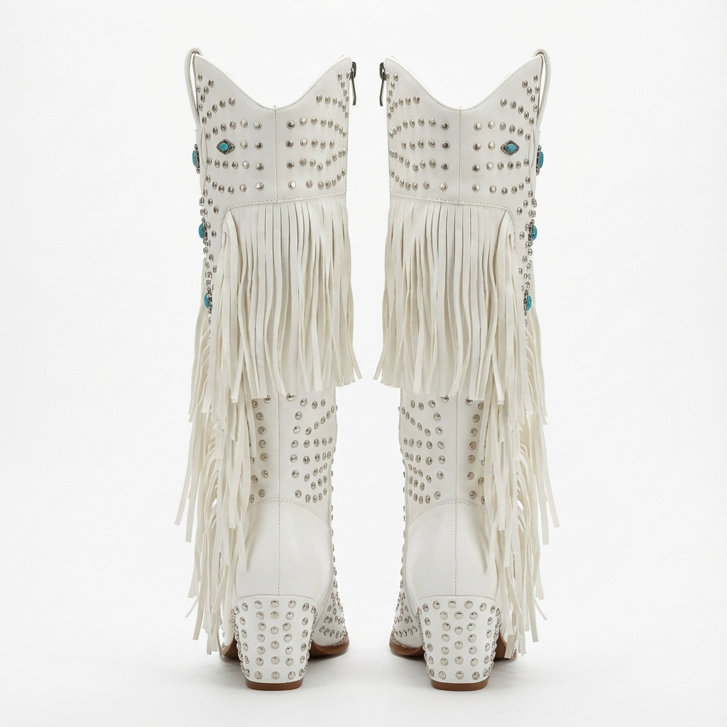 Santiag haute blanc Simili Cuir Femme - Franges, motifs bleus