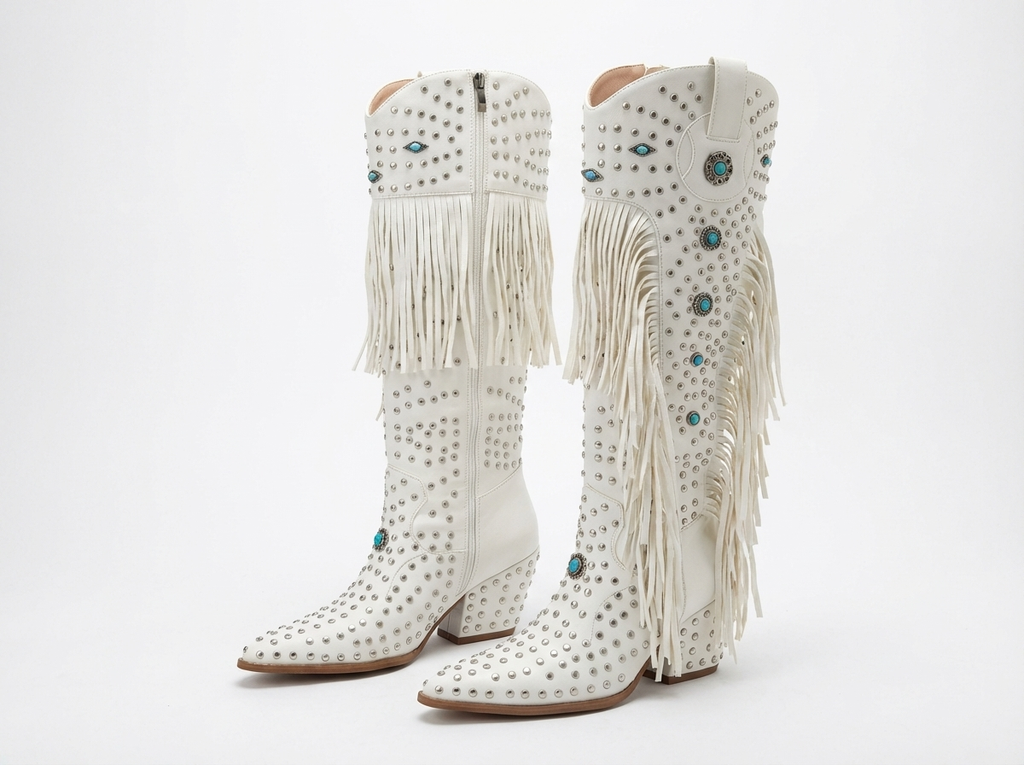 Santiag haute blanc Simili Cuir Femme - Franges, motifs bleus