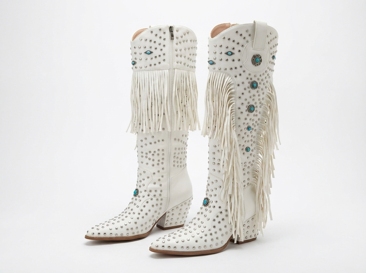 Santiag haute blanc Simili Cuir Femme - Franges, motifs bleus