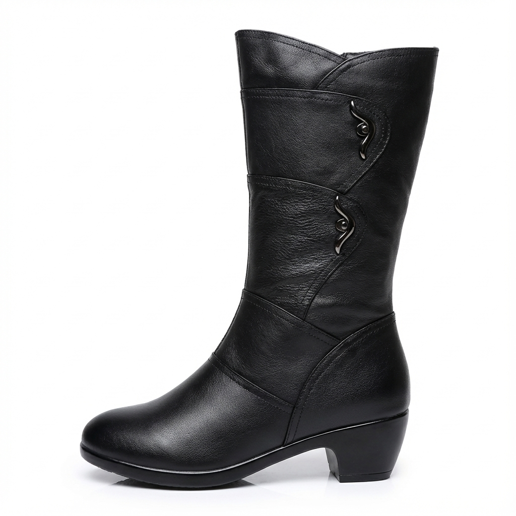 Santiag mi-haute noir Simili Cuir Femme - Boucles métalliques, bout arrondi