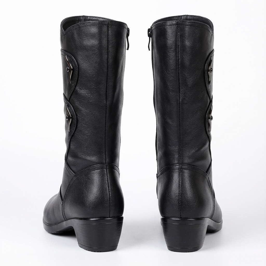 Santiag mi-haute noir Simili Cuir Femme - Boucles métalliques, bout arrondi