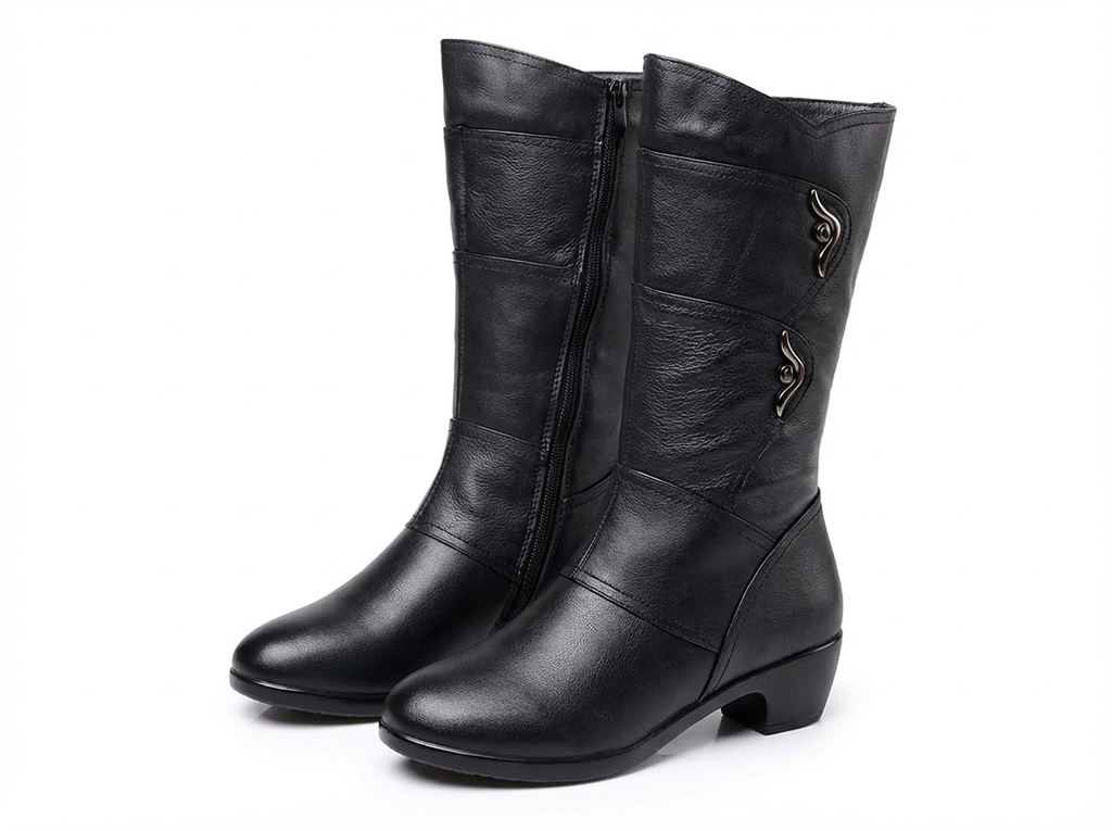 Santiag mi-haute noir Simili Cuir Femme - Boucles métalliques, bout arrondi