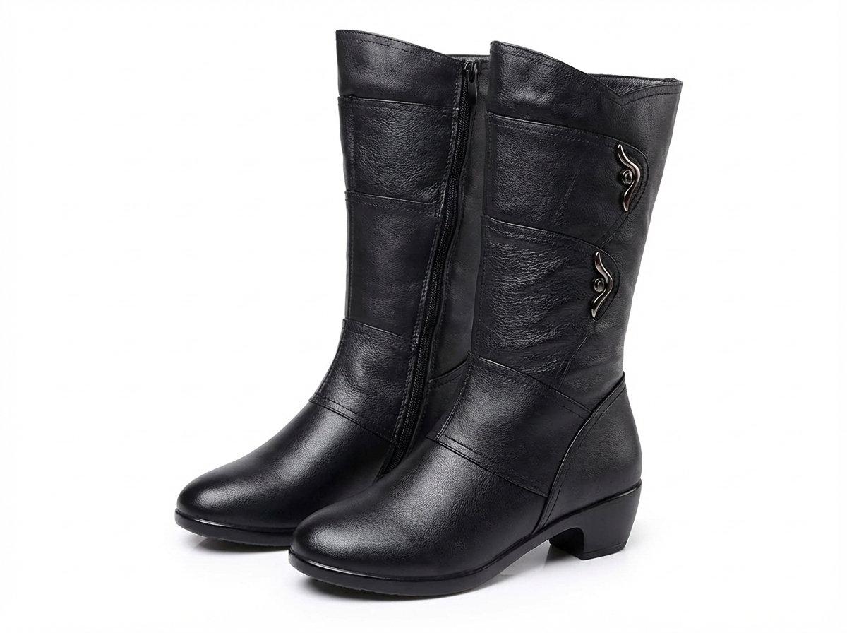 Santiag mi-haute noir Simili Cuir Femme - Boucles métalliques, bout arrondi