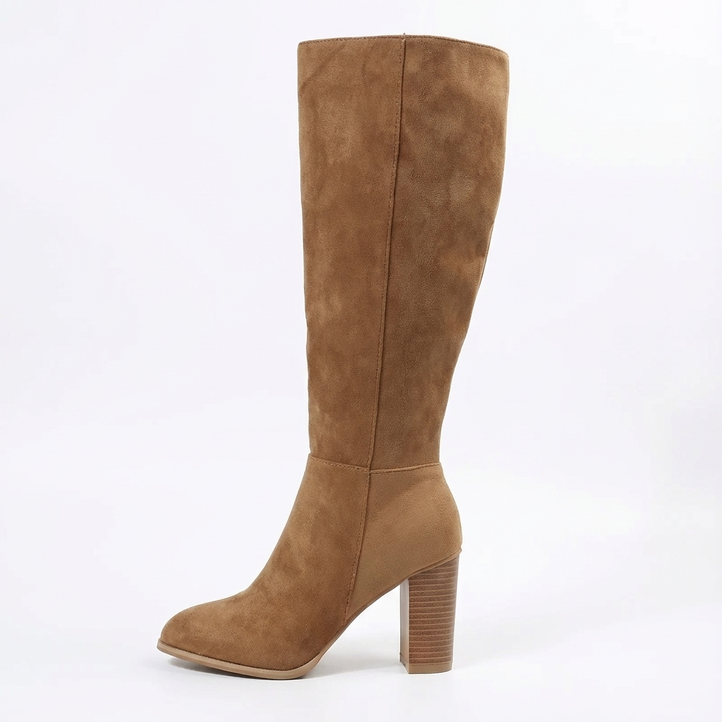 Botte haute marron clair Daim Synthétique Femme - Talon carré, fausse fourrure