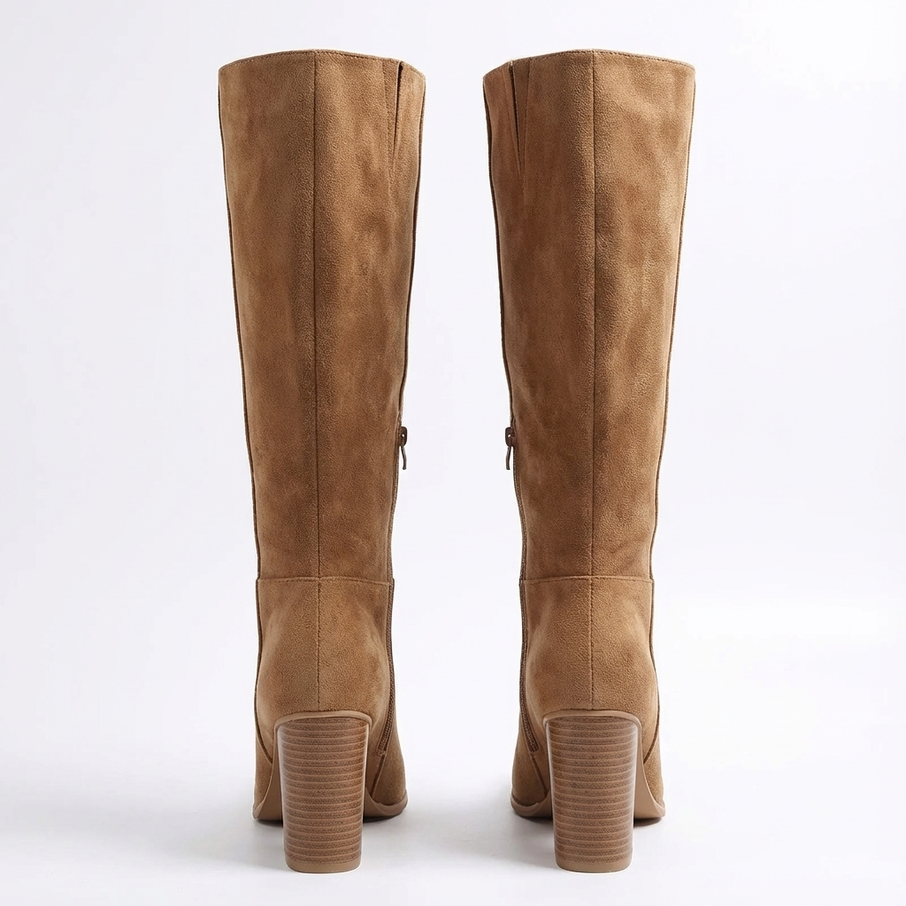 Botte haute marron clair Daim Synthétique Femme - Talon carré, fausse fourrure